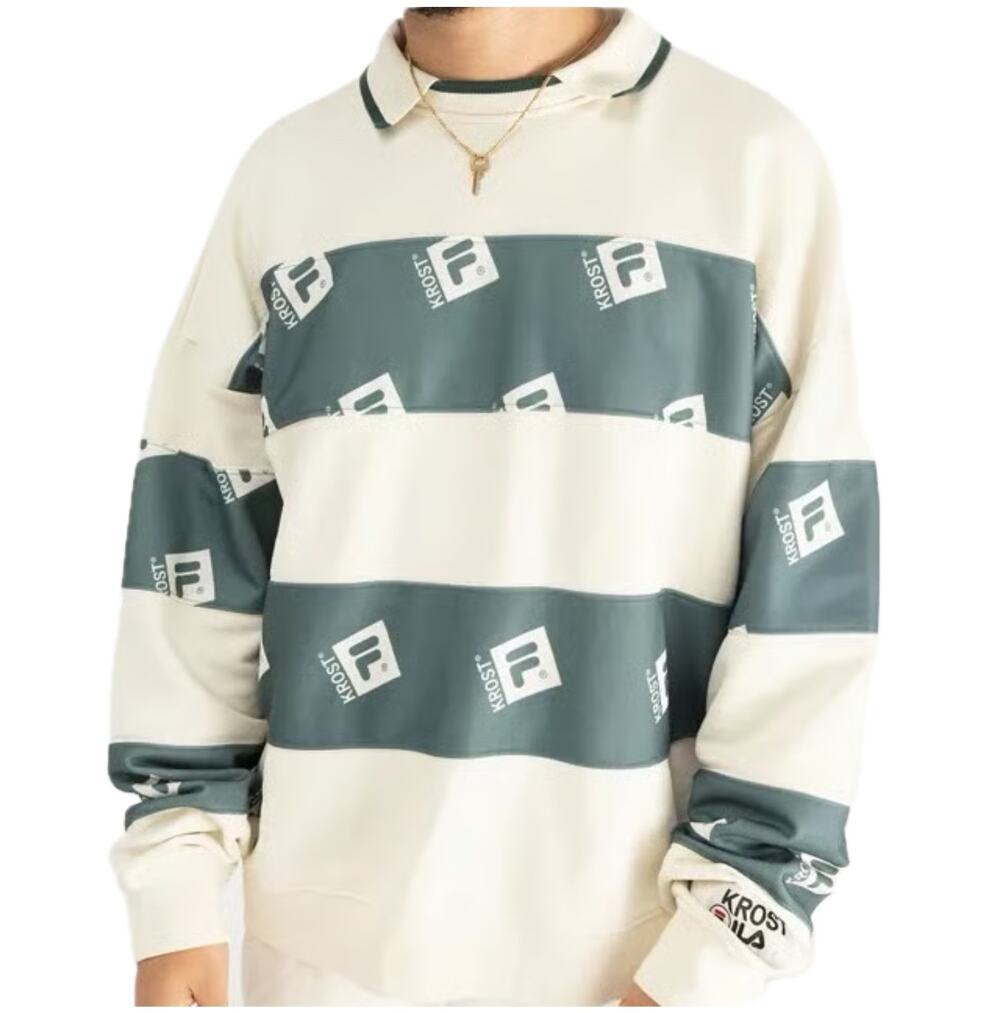 Krost x FILA Striped Collared Pullover Sweatshirt Cream Sage Green Size XS